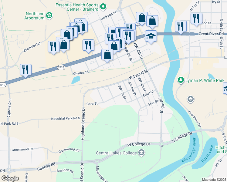 map of restaurants, bars, coffee shops, grocery stores, and more near 203 Southwest 8th Street in Brainerd