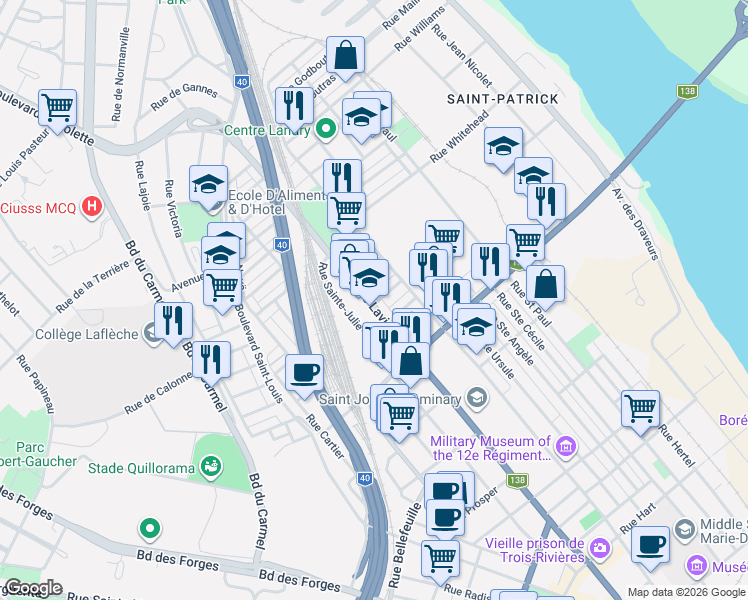 map of restaurants, bars, coffee shops, grocery stores, and more near 1398 Rue Laviolette in Trois-Rivières