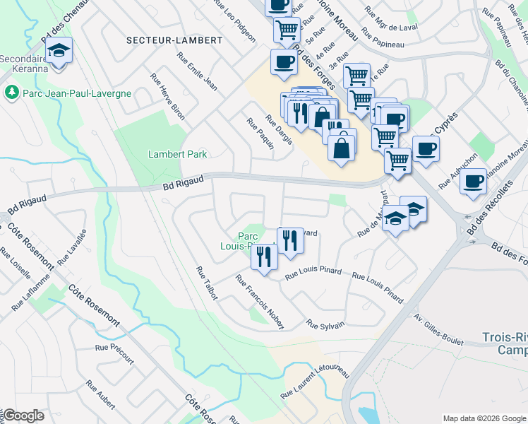 map of restaurants, bars, coffee shops, grocery stores, and more near 4095 Rue Savard in Trois-Rivières