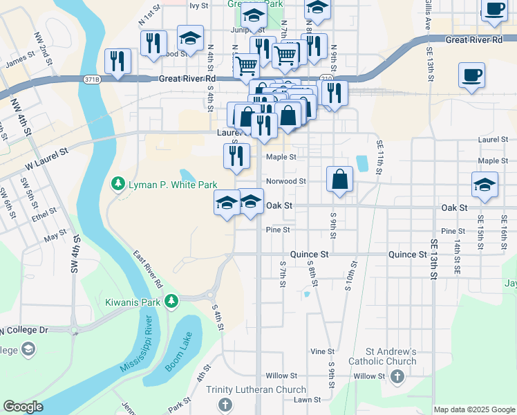 map of restaurants, bars, coffee shops, grocery stores, and more near 604 South 6th Street in Brainerd
