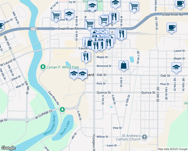 map of restaurants, bars, coffee shops, grocery stores, and more near 604 South 6th Street in Brainerd
