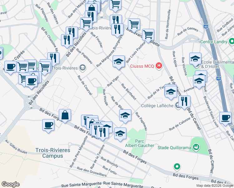 map of restaurants, bars, coffee shops, grocery stores, and more near 3185 Rue Papineau in Trois-Rivières