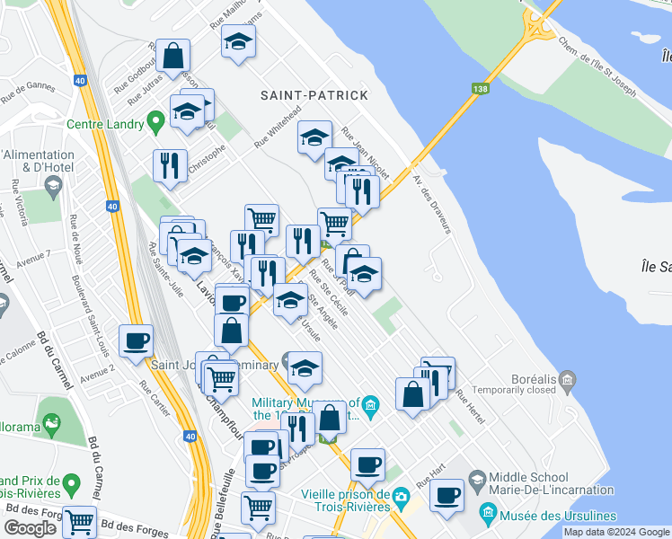 map of restaurants, bars, coffee shops, grocery stores, and more near 1104 Rue Saint Paul in Trois-Rivières