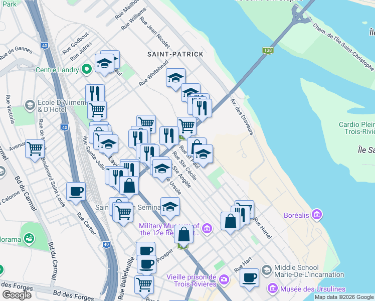 map of restaurants, bars, coffee shops, grocery stores, and more near 1106 Rue Saint Paul in Trois-Rivières