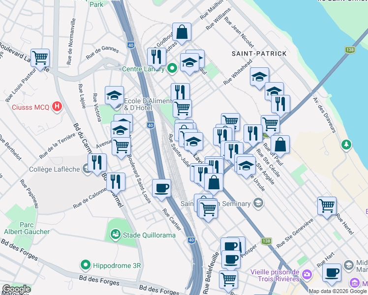 map of restaurants, bars, coffee shops, grocery stores, and more near 1513 Rue Laviolette in Trois-Rivières