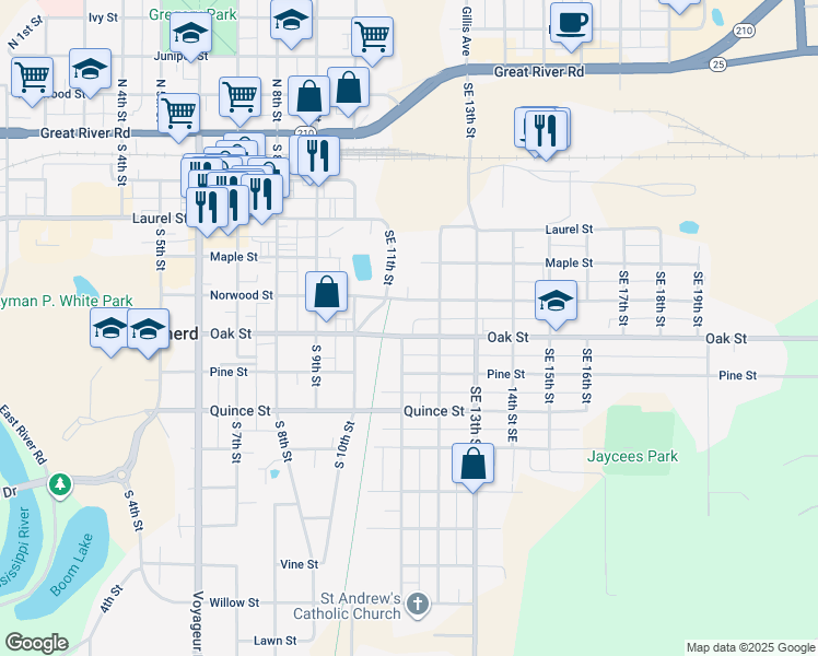 map of restaurants, bars, coffee shops, grocery stores, and more near 1103 Oak Street in Brainerd