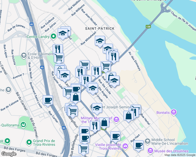map of restaurants, bars, coffee shops, grocery stores, and more near 1160 Rue Sainte Cécile in Trois-Rivières