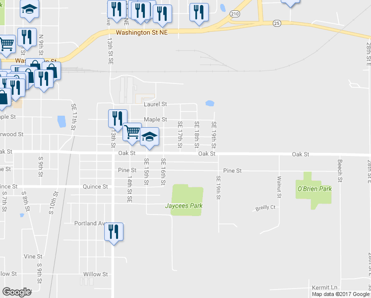map of restaurants, bars, coffee shops, grocery stores, and more near 1707 Oak Street in Brainerd
