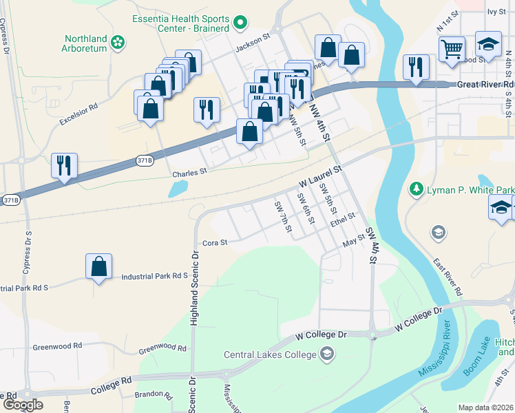 map of restaurants, bars, coffee shops, grocery stores, and more near 203 Southwest 8th Street in Brainerd