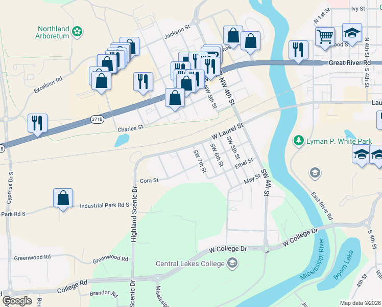 map of restaurants, bars, coffee shops, grocery stores, and more near 207 Southwest 7th Street in Brainerd