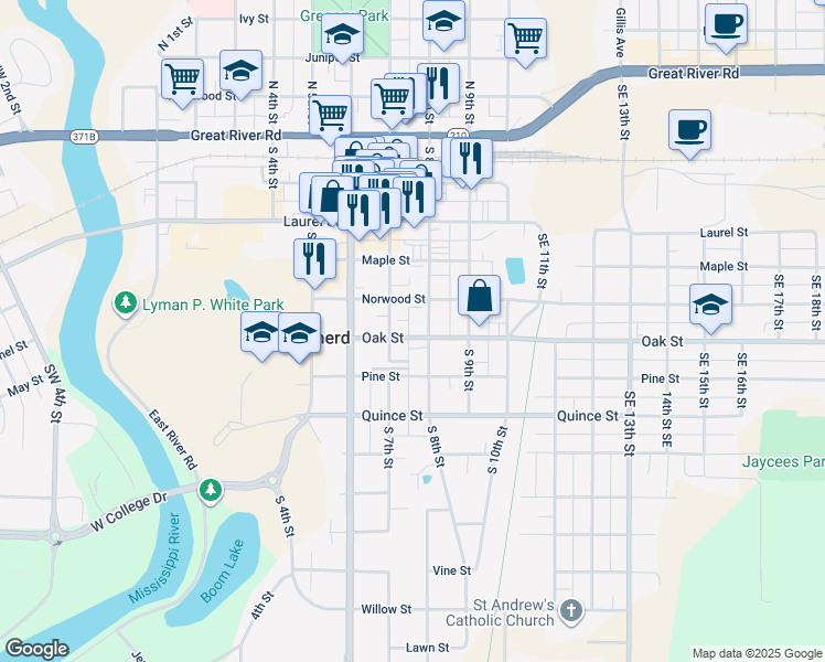 map of restaurants, bars, coffee shops, grocery stores, and more near 715 Oak Street in Brainerd