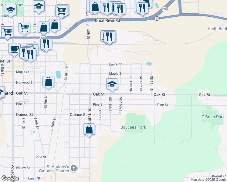 map of restaurants, bars, coffee shops, grocery stores, and more near 1515 Oak Street in Brainerd