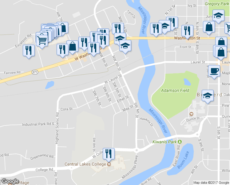 map of restaurants, bars, coffee shops, grocery stores, and more near 302 Southwest 5th Street in Brainerd