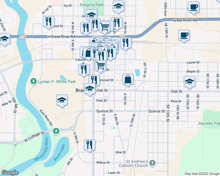 map of restaurants, bars, coffee shops, grocery stores, and more near 715 Oak Street in Brainerd