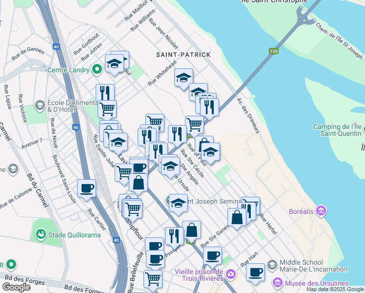 map of restaurants, bars, coffee shops, grocery stores, and more near 31 Boulevard du Saint Maurice in Trois-Rivières