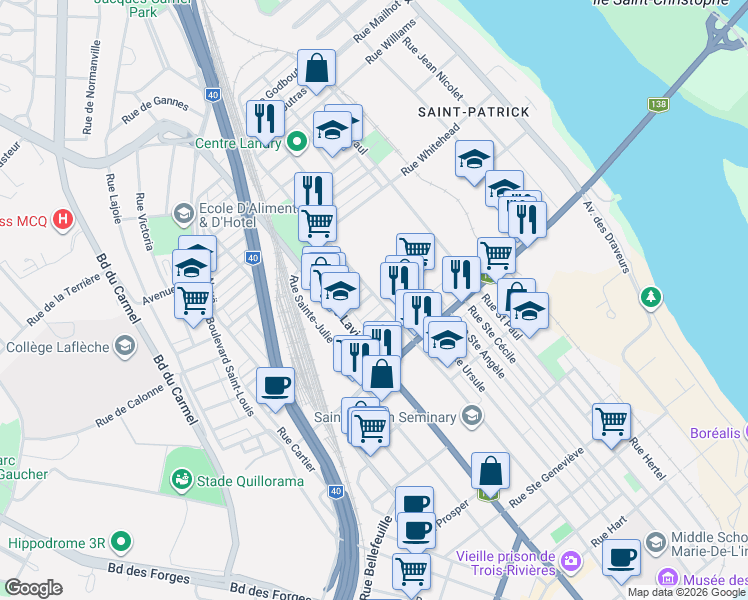 map of restaurants, bars, coffee shops, grocery stores, and more near 837 Rue Richard in Trois-Rivières