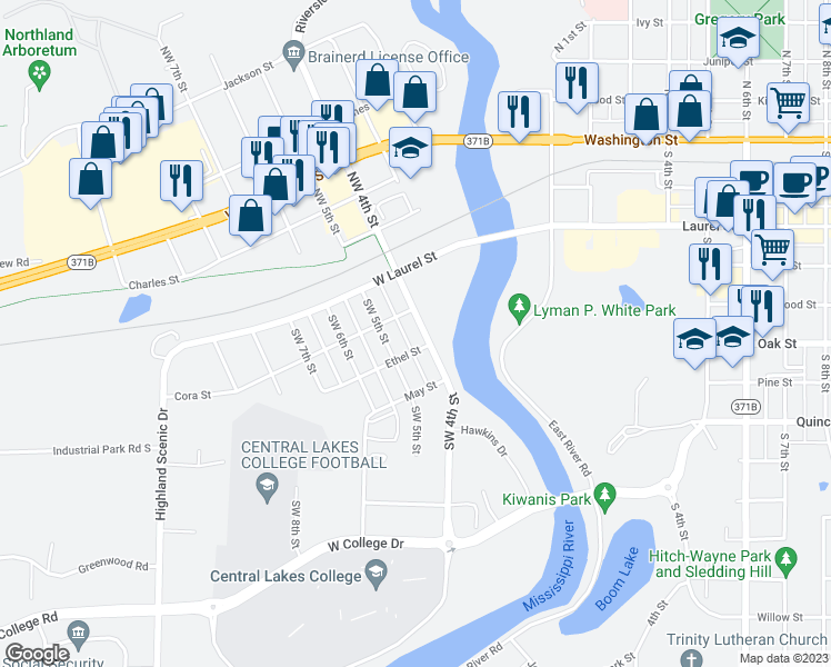 map of restaurants, bars, coffee shops, grocery stores, and more near 316 Southwest 4th Street in Brainerd