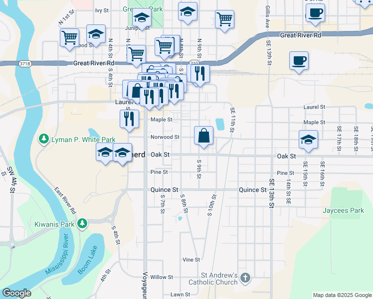 map of restaurants, bars, coffee shops, grocery stores, and more near 517 South 8th Street in Brainerd