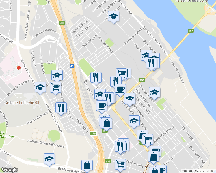 map of restaurants, bars, coffee shops, grocery stores, and more near 837 Rue Richard in Trois-Rivières