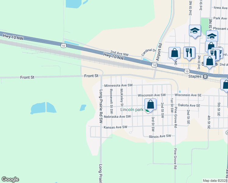 map of restaurants, bars, coffee shops, grocery stores, and more near 207 Roosevelt Street Southwest in Staples