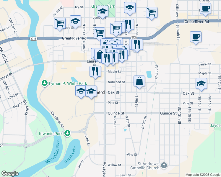 map of restaurants, bars, coffee shops, grocery stores, and more near 617 Oak Street in Brainerd