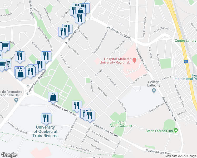 map of restaurants, bars, coffee shops, grocery stores, and more near 3225 Papineau Street in Trois-Rivières