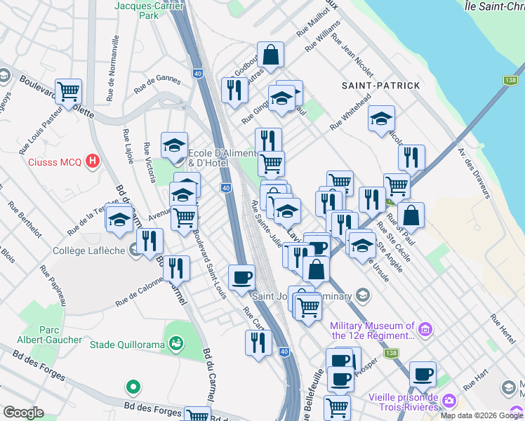 map of restaurants, bars, coffee shops, grocery stores, and more near 1579 Rue Laviolette in Trois-Rivières