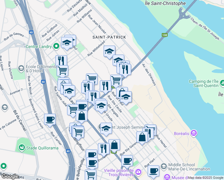 map of restaurants, bars, coffee shops, grocery stores, and more near 31 Boulevard du Saint Maurice in Trois-Rivières