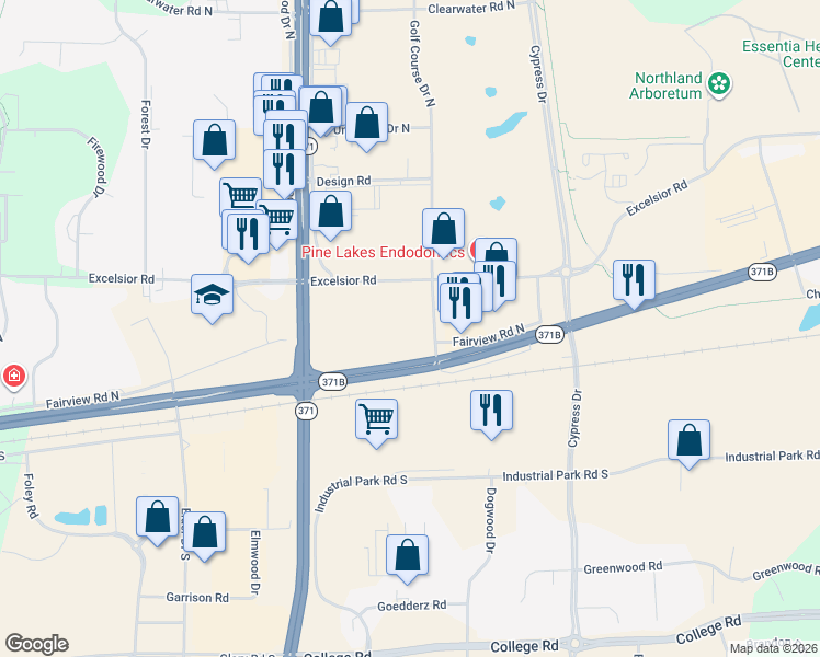 map of restaurants, bars, coffee shops, grocery stores, and more near 7565 Excelsior Road in Baxter