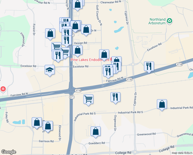 map of restaurants, bars, coffee shops, grocery stores, and more near 7565 Excelsior Road North in Baxter