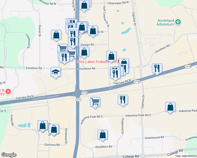 map of restaurants, bars, coffee shops, grocery stores, and more near 7565 Excelsior Road North in Baxter