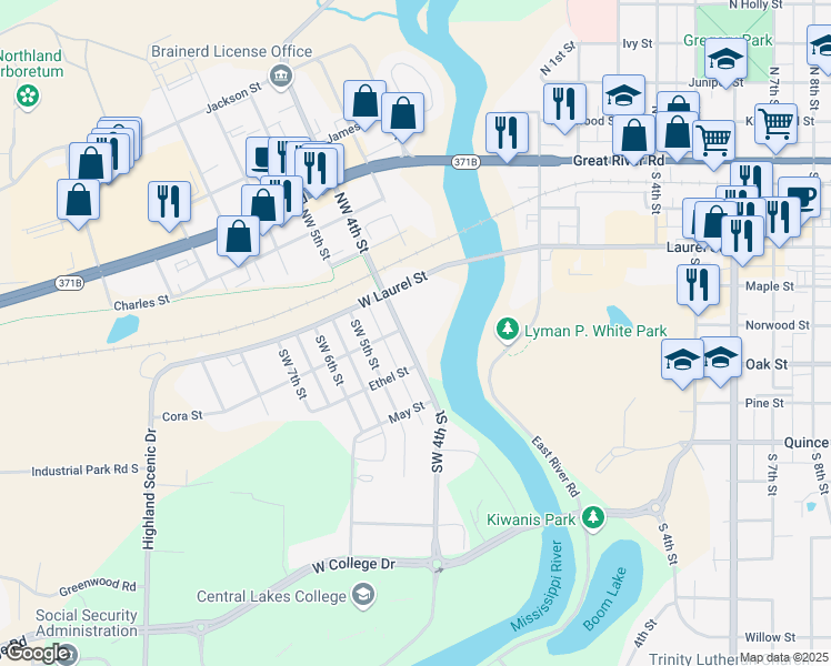 map of restaurants, bars, coffee shops, grocery stores, and more near 316 Southwest 4th Street in Brainerd