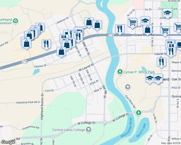 map of restaurants, bars, coffee shops, grocery stores, and more near 302 Southwest 5th Street in Brainerd