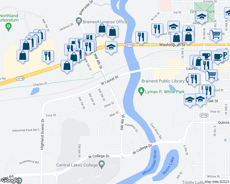 map of restaurants, bars, coffee shops, grocery stores, and more near 301 Southwest 4th Street in Brainerd