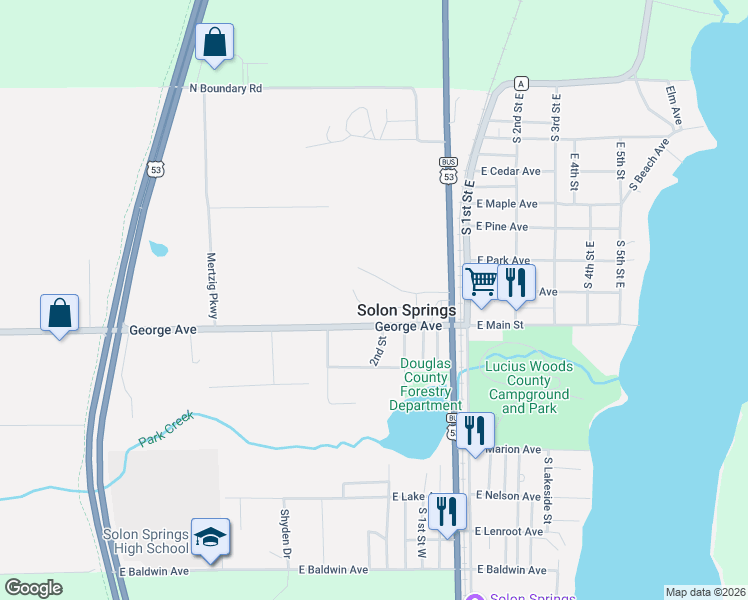 map of restaurants, bars, coffee shops, grocery stores, and more near 9159 County Road A in Solon Springs