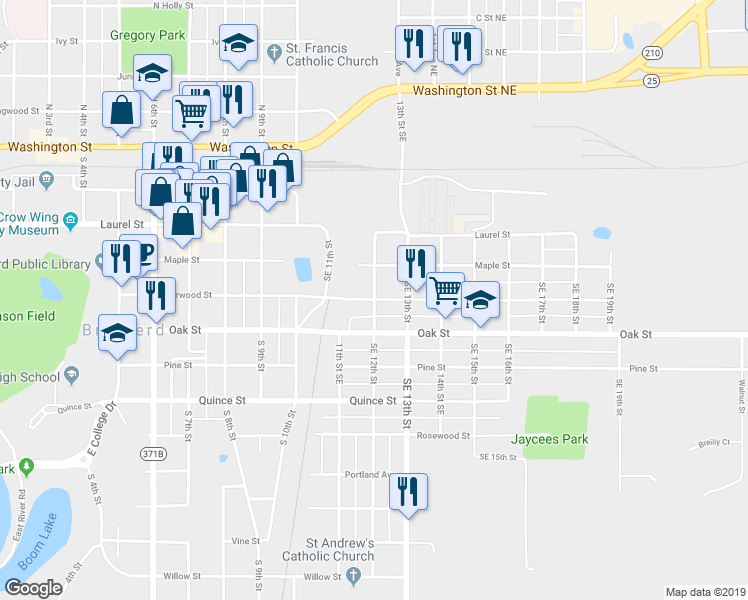 map of restaurants, bars, coffee shops, grocery stores, and more near 509 Southeast 12th Street in Brainerd