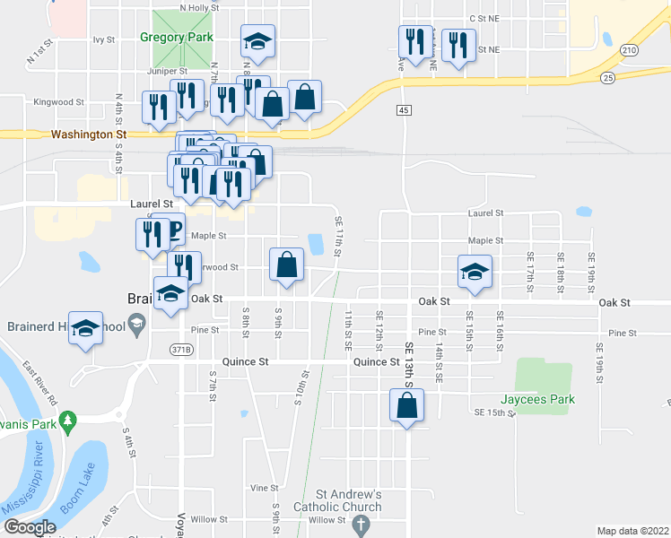 map of restaurants, bars, coffee shops, grocery stores, and more near 901 Southeast 11th Street in Brainerd