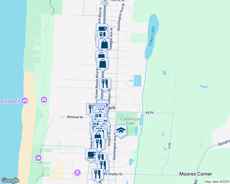 map of restaurants, bars, coffee shops, grocery stores, and more near 509 Washington Avenue North in Long Beach