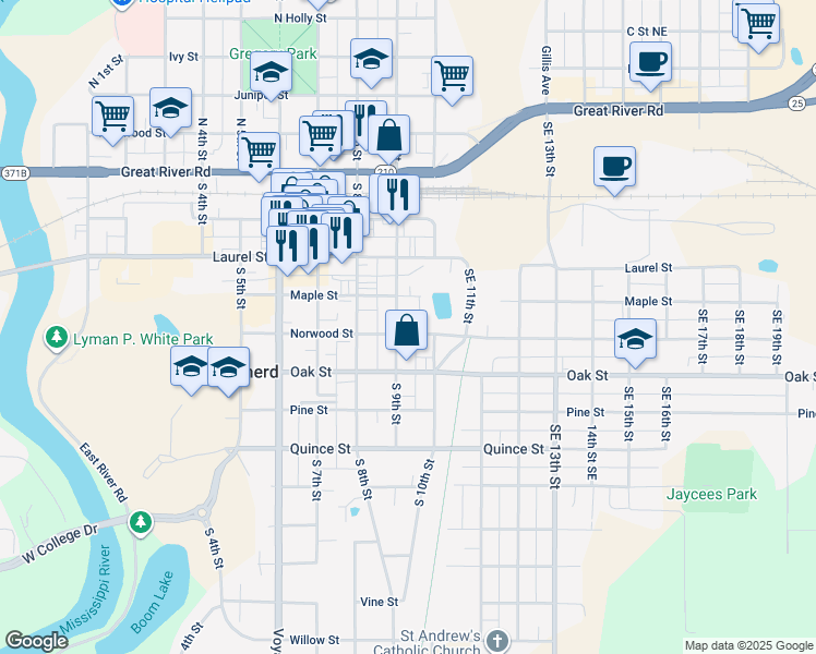 map of restaurants, bars, coffee shops, grocery stores, and more near 908 Maple Street in Brainerd