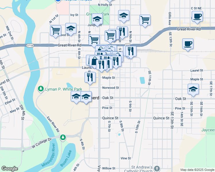 map of restaurants, bars, coffee shops, grocery stores, and more near 402 South 7th Street in Brainerd