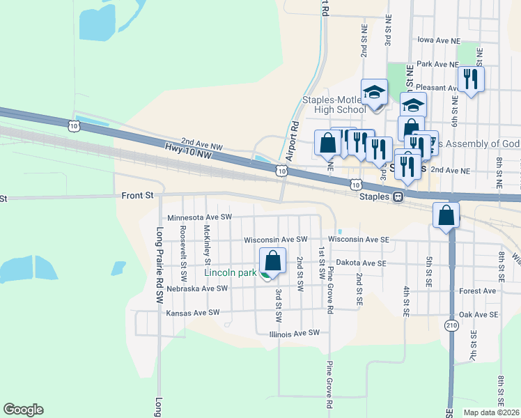 map of restaurants, bars, coffee shops, grocery stores, and more near 110 4th Street Southwest in Staples