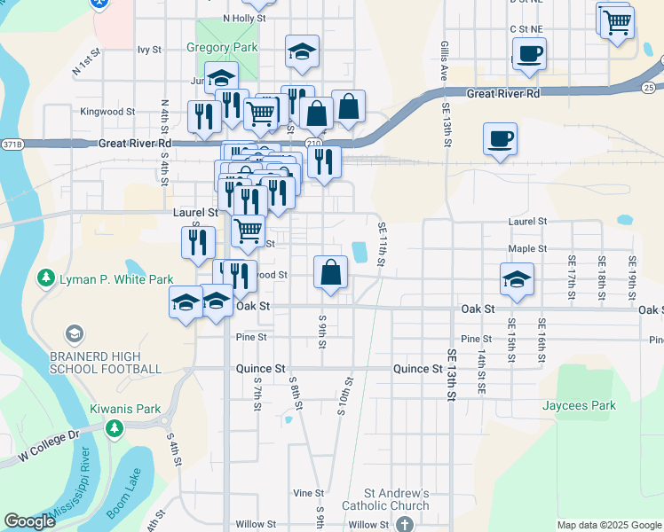 map of restaurants, bars, coffee shops, grocery stores, and more near 908 Maple Street in Brainerd