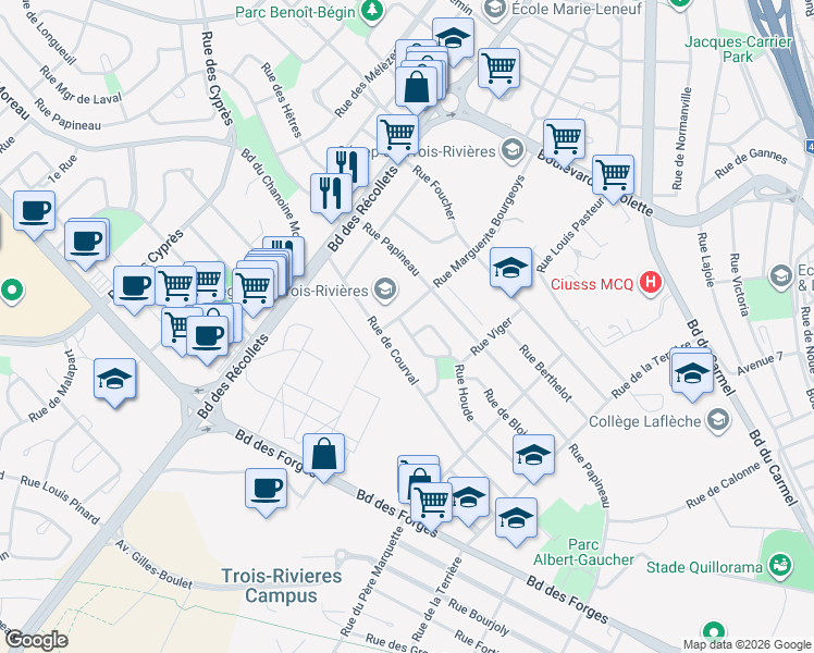map of restaurants, bars, coffee shops, grocery stores, and more near 3366 Rue Houde in Trois-Rivières