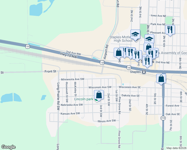 map of restaurants, bars, coffee shops, grocery stores, and more near 110 4th Street Southwest in Staples