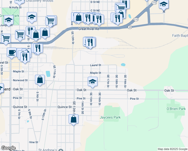 map of restaurants, bars, coffee shops, grocery stores, and more near 1504 Maple Street in Brainerd