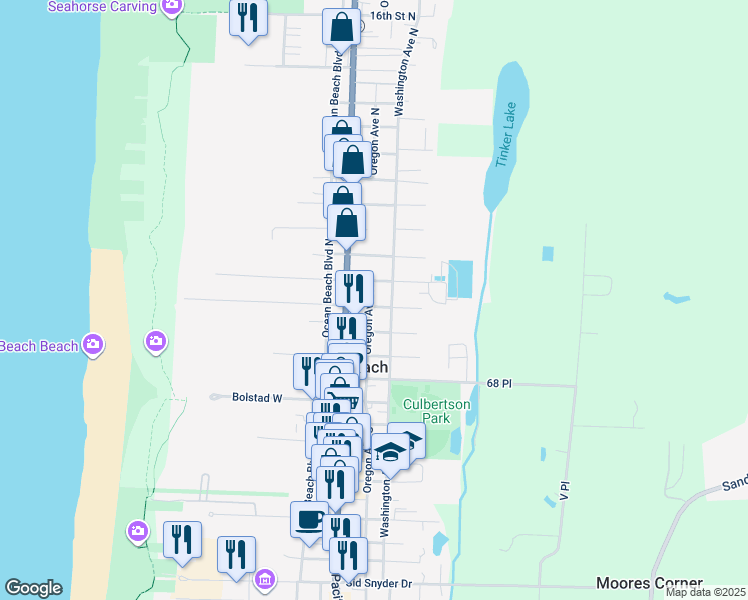 map of restaurants, bars, coffee shops, grocery stores, and more near 509 Washington Avenue North in Long Beach