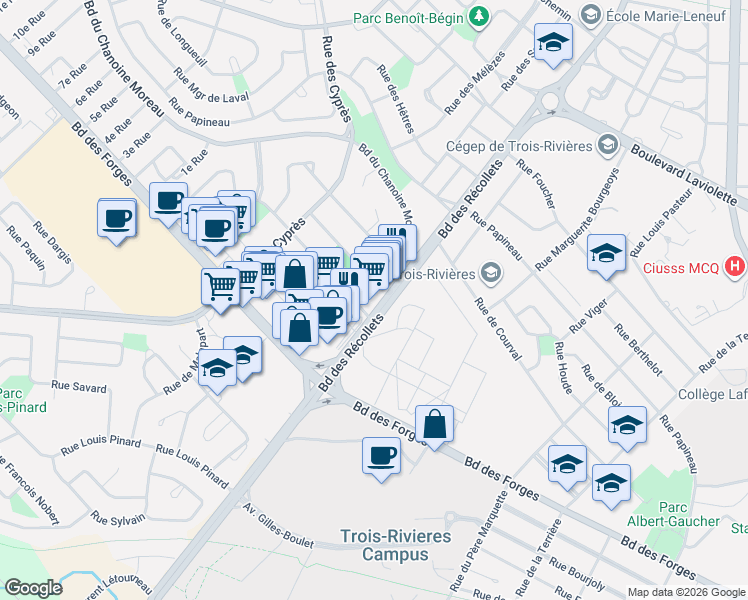 map of restaurants, bars, coffee shops, grocery stores, and more near 1330 Boulevard des Récollets in Trois-Rivières