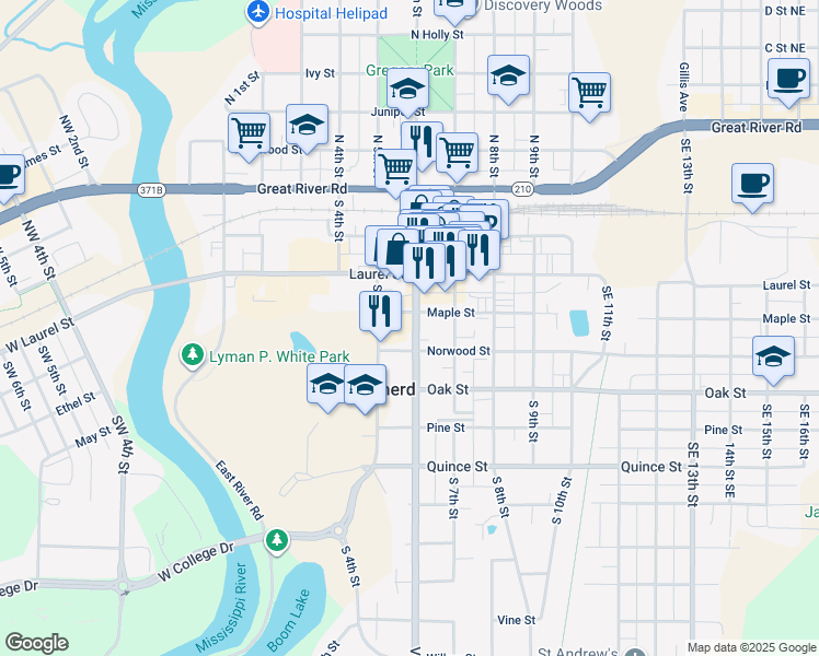 map of restaurants, bars, coffee shops, grocery stores, and more near 510 Maple Street in Brainerd