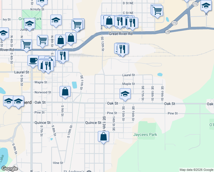 map of restaurants, bars, coffee shops, grocery stores, and more near 1310 Maple Street in Brainerd