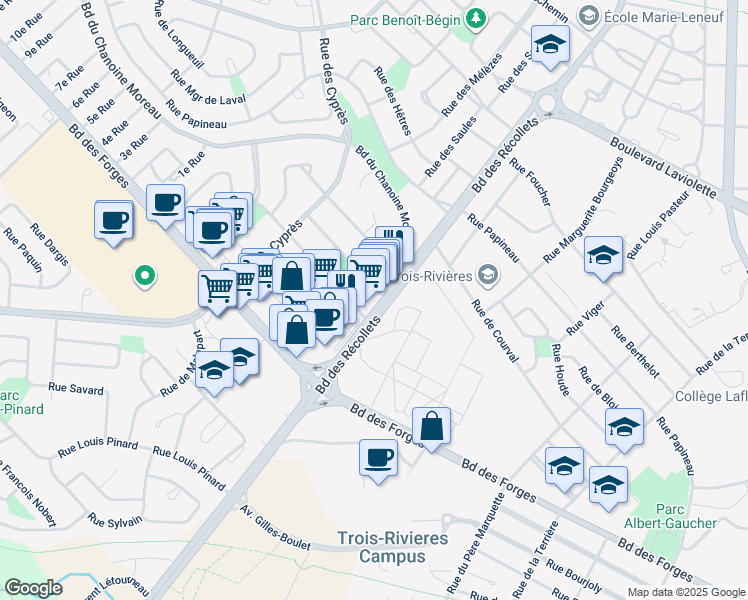 map of restaurants, bars, coffee shops, grocery stores, and more near 1310 Boulevard des Récollets in Trois-Rivières